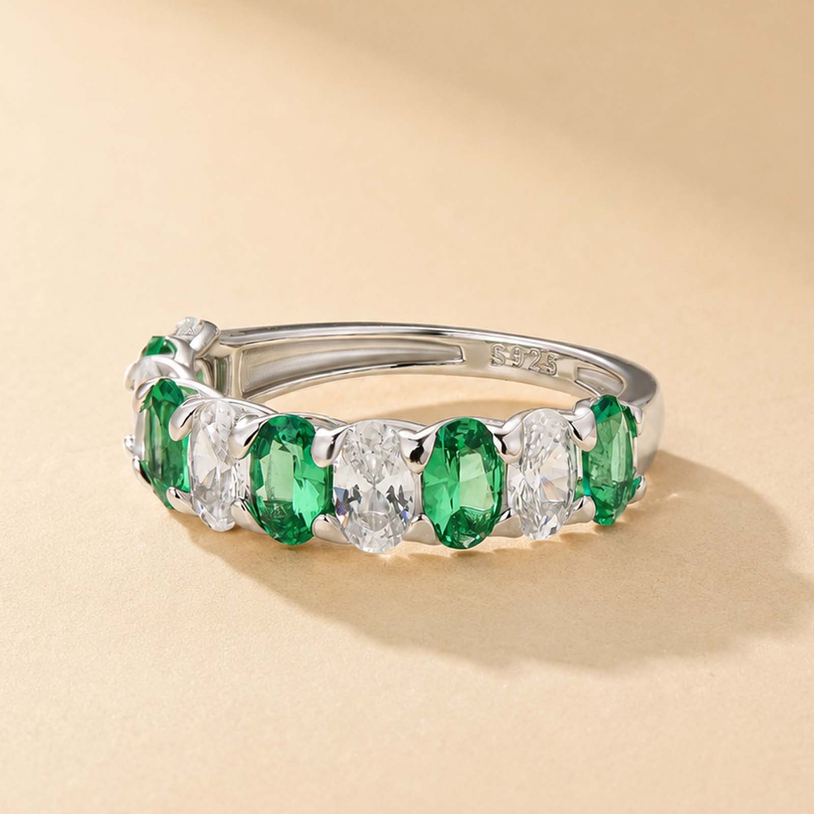 S925 Half Eternity 3.0Ct Green & White Oval Cut Wedding Band In Sterling Silver