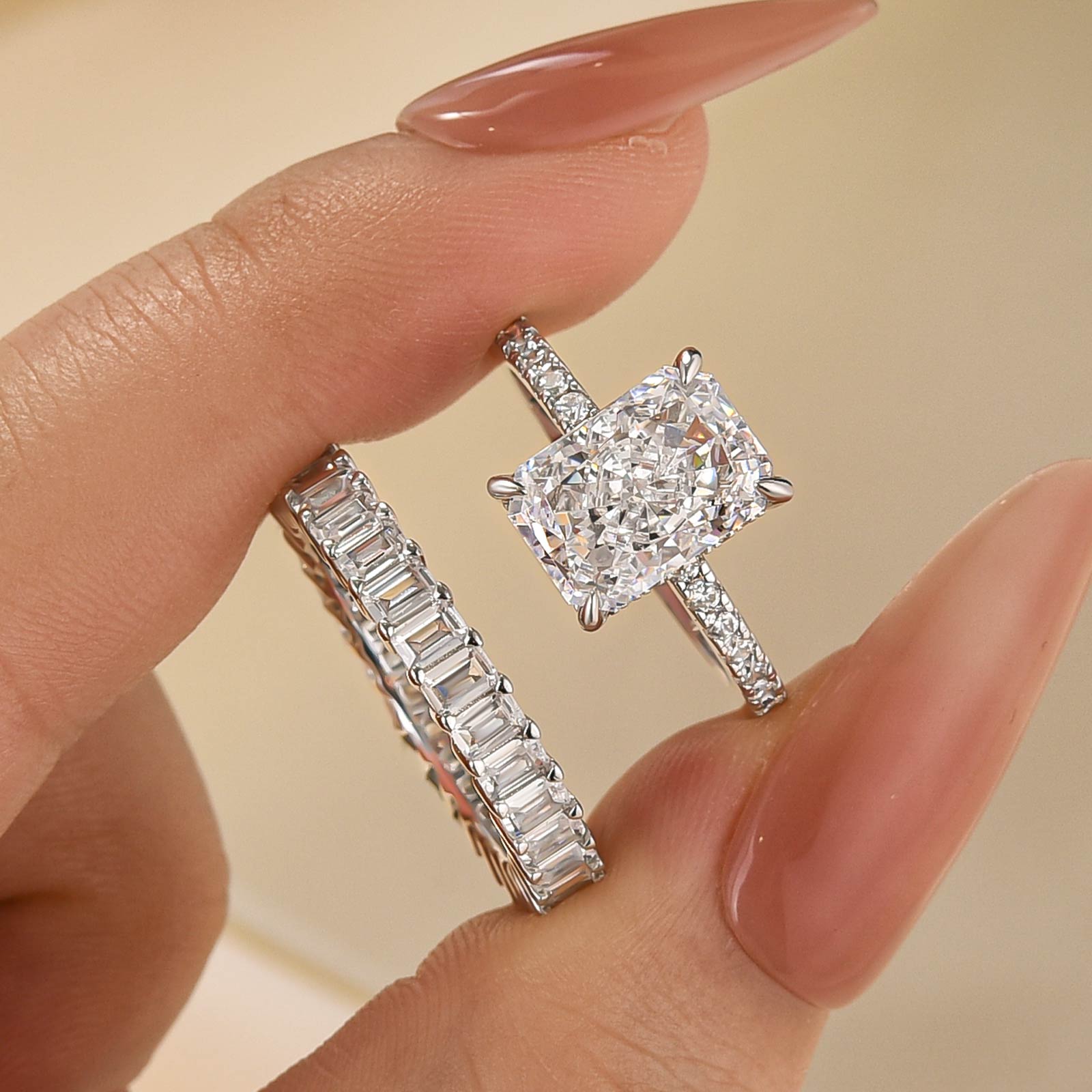 3.5Ct Radiant Cut Wedding Ring Set With Emerald Cut Wedding Band