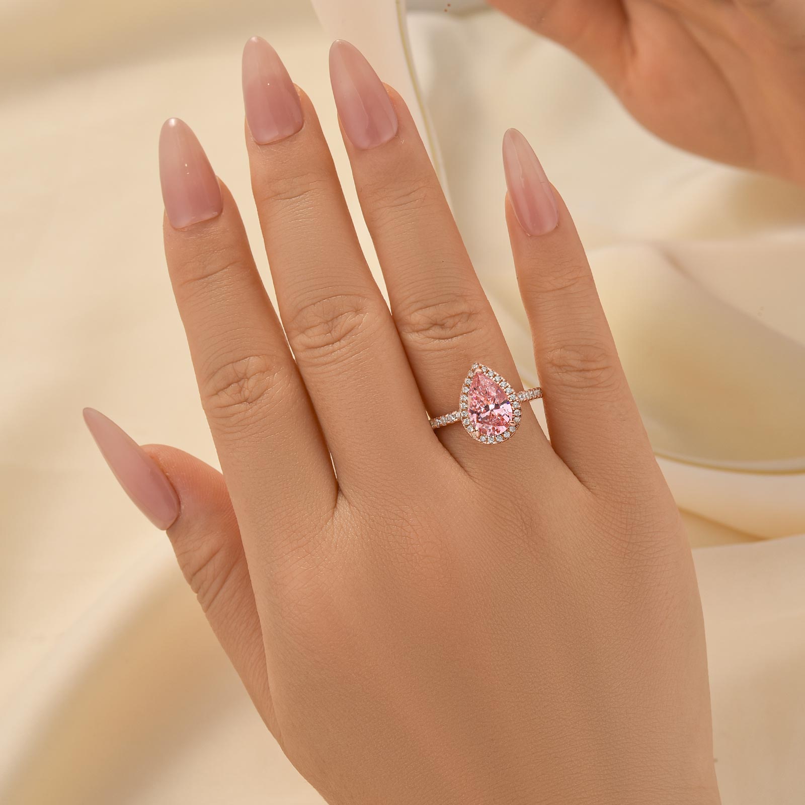 Louily Rose Gold Halo Pear Cut Synthetic Morganite Engagement Ring