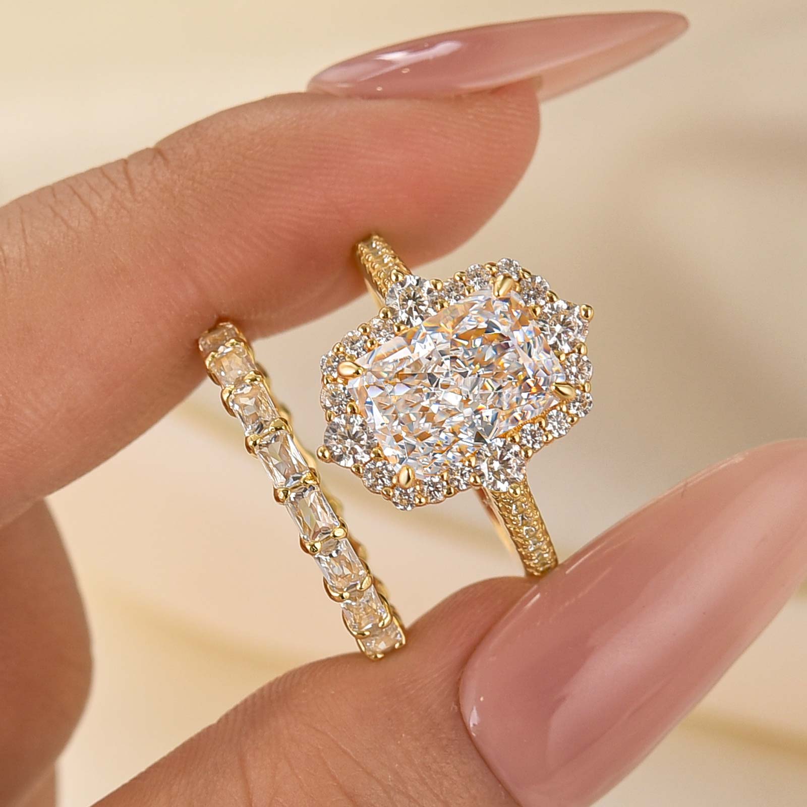 2PC 3.5Ct Wedding Ring Set Gorgeous Halo Radiant Cut Simulated Diamond Engagement Ring With Wedding Band