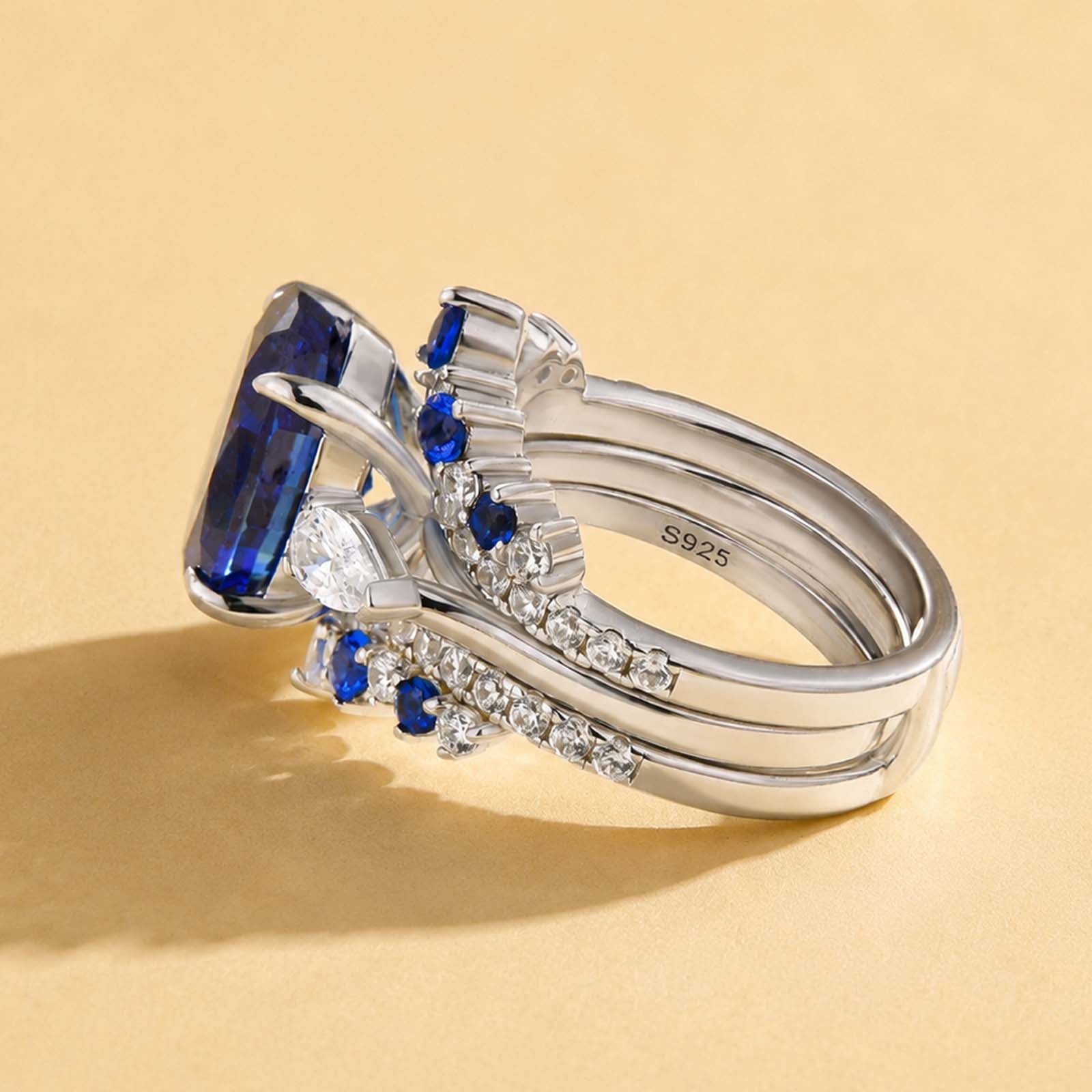 S925 4.0Ct Oval Cut Vintage Three Stone Blue & White Stone Engagement Ring & Pavé Full Eternity Band Enhancer Bridal Sets