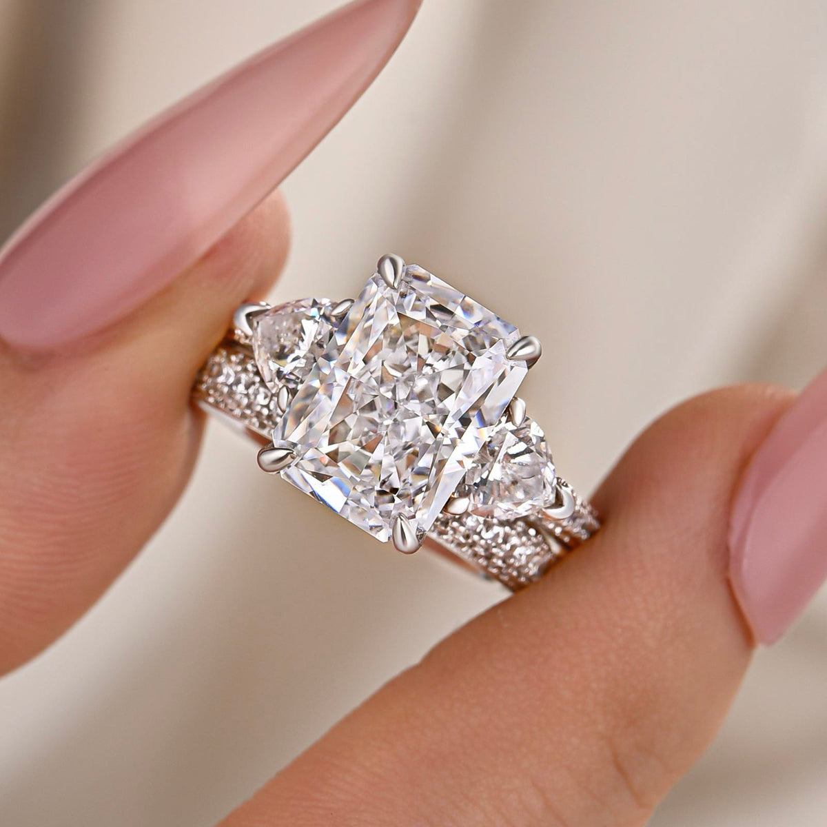 5.0Ct Radiant Cut & Heart Cut Three Stone Wedding Set In Sterling Silver