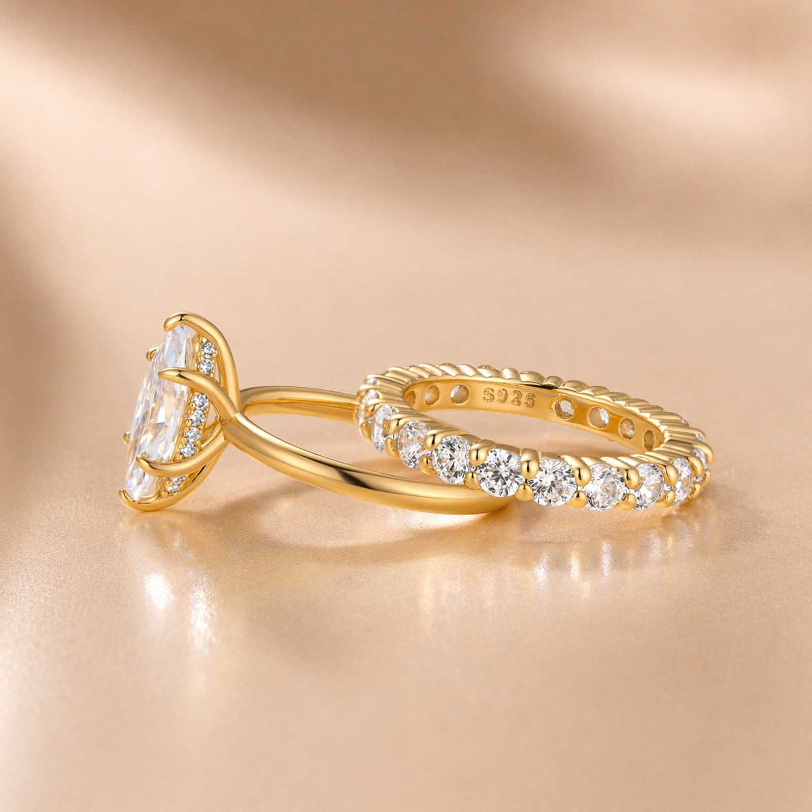 S925 Moissanite 2.0Ct Marquise Cut Hidden Halo Engagement Ring with Pavé Eternity Ring Stackable Ring Set
