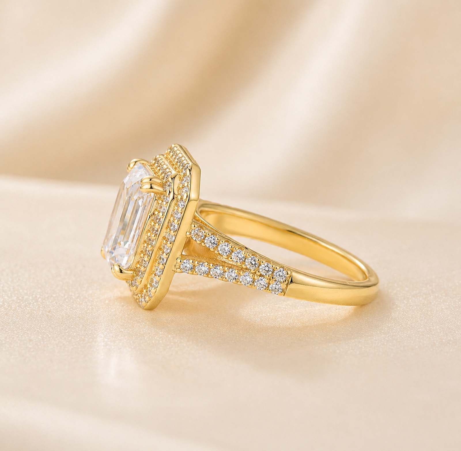 S925 3.0Ct Double Halo Emerald Cut Simulated Diamond Engagement Ring In Sterling Silver