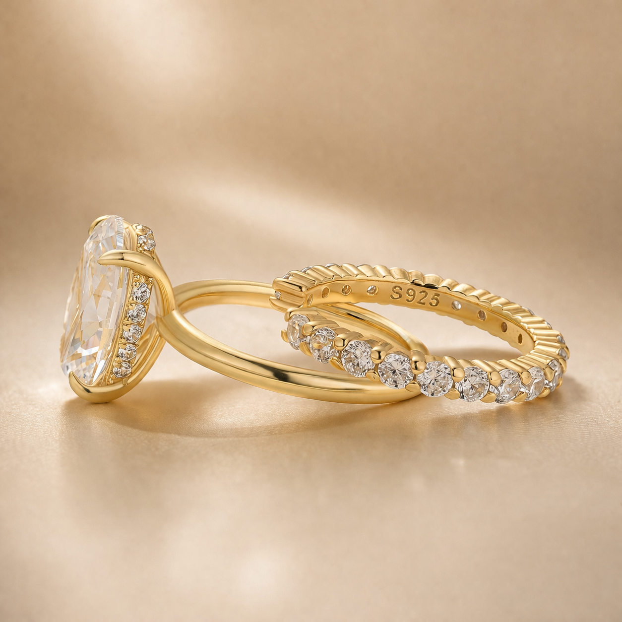 S925 4.5Ct Oval Cut Solitaire Engagement Ring in Sterling Silver with Open Round Cut Eternity Wedding Band