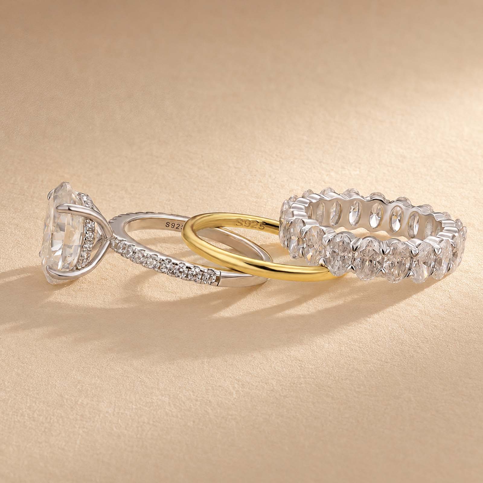 S925 3PC Moissanite 4.0Ct Oval Cut Ring & Two Classic Wedding Bands Stackable Statement Ring Sets