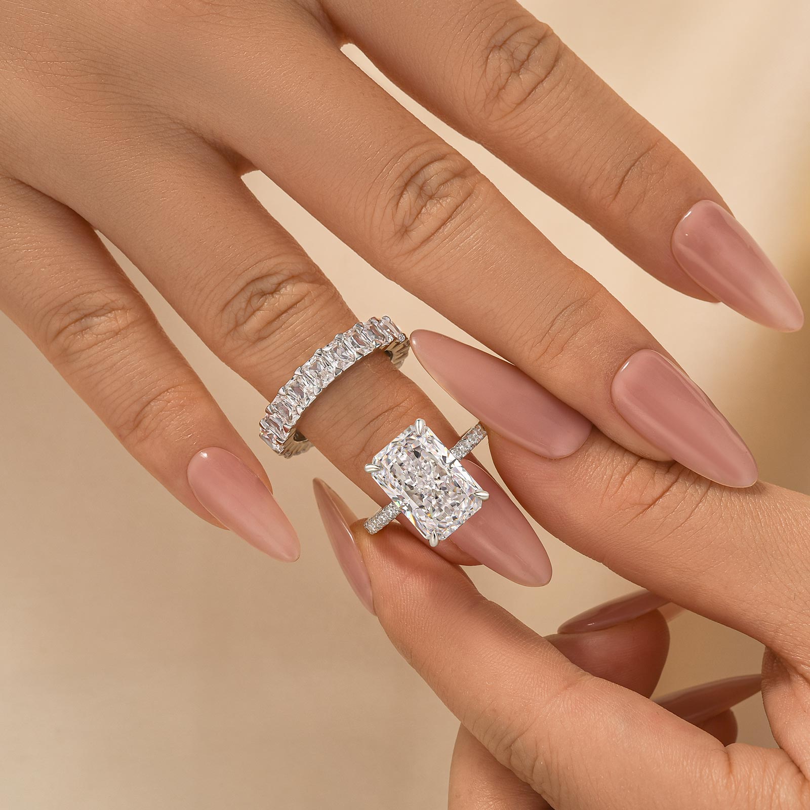 S925 2PC 7.0Ct Radiant Cut Engagement Ring with Cushion & Radiant Cut Wedding Band - louilyjewelry