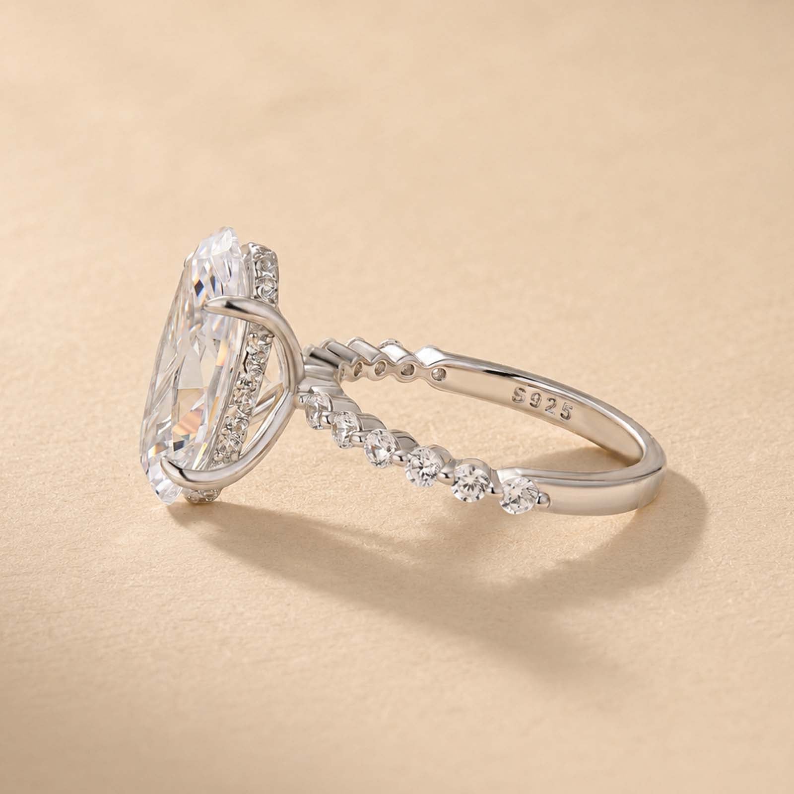 S925 5.0Ct Oval Cut Side Stone Simulated Diamond Engagement Ring For Everyday Wear