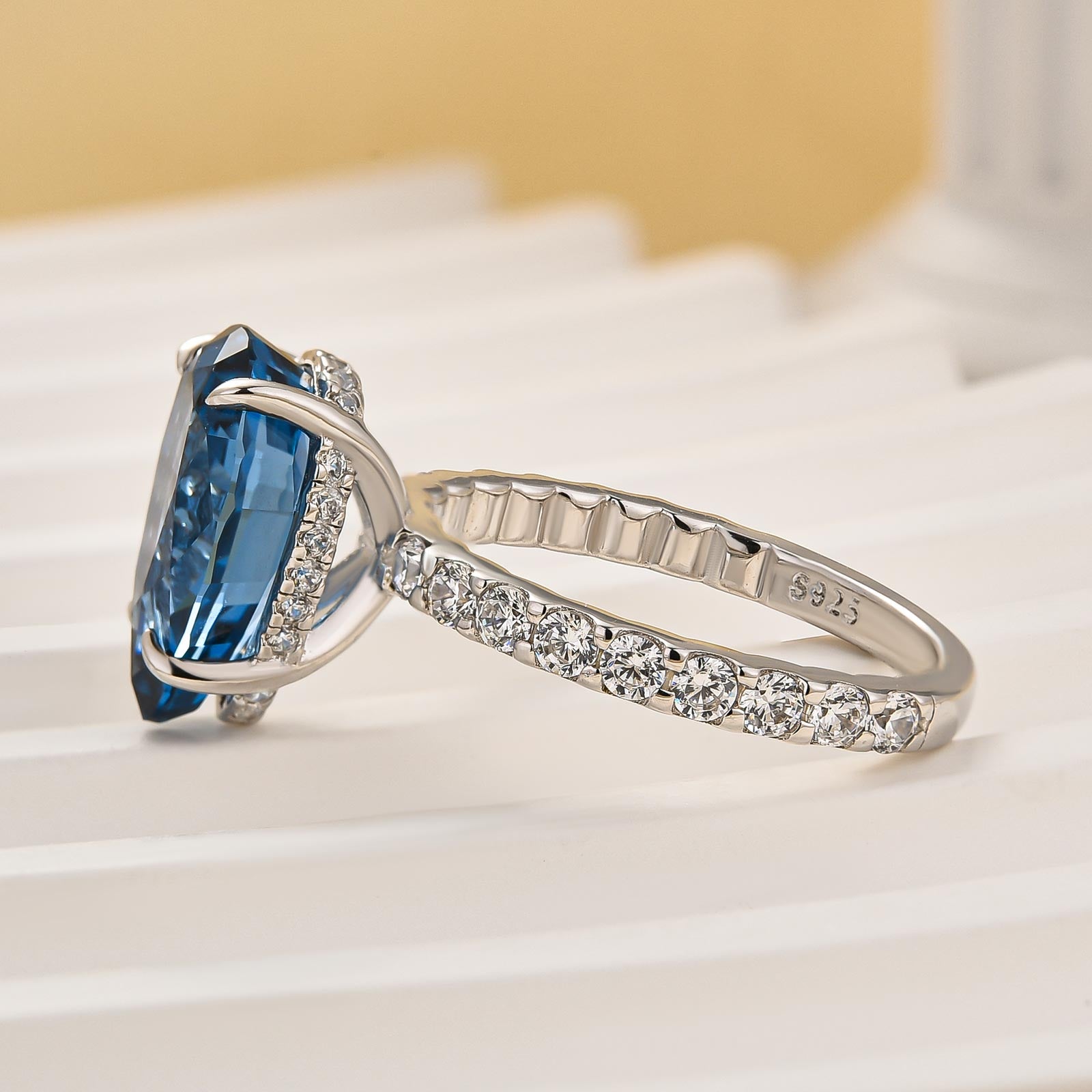 Louily Unique 3.0 Carat Pear Cut Blue Sapphire Engagement Ring In Sterling Silver