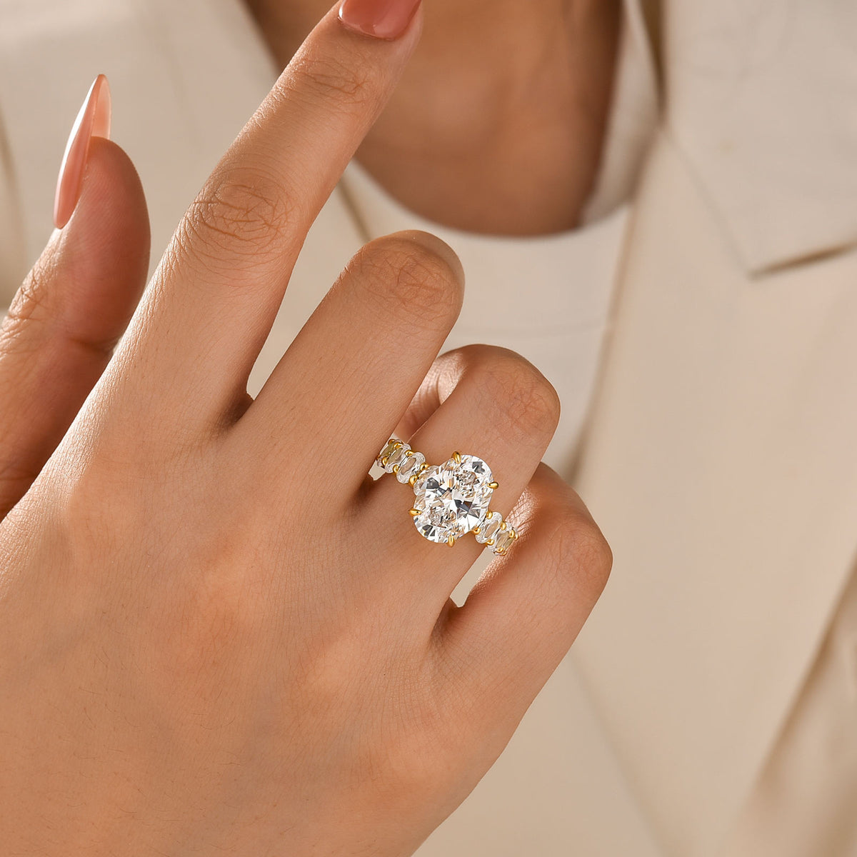 S925 Luxurious 4.5Ct Oval Cut Side Stone Engagement Ring In Sterling Silver For Daily Wear