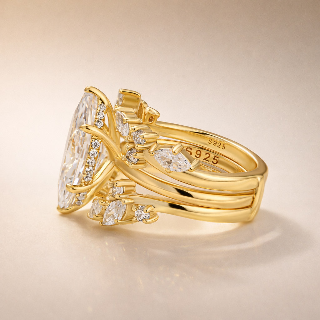 S925 Hidden Halo 4.0Ct Marquise Cut Engagement Ring with 1.5Ct Marquise&Round Cut Enhancer Wedding Band