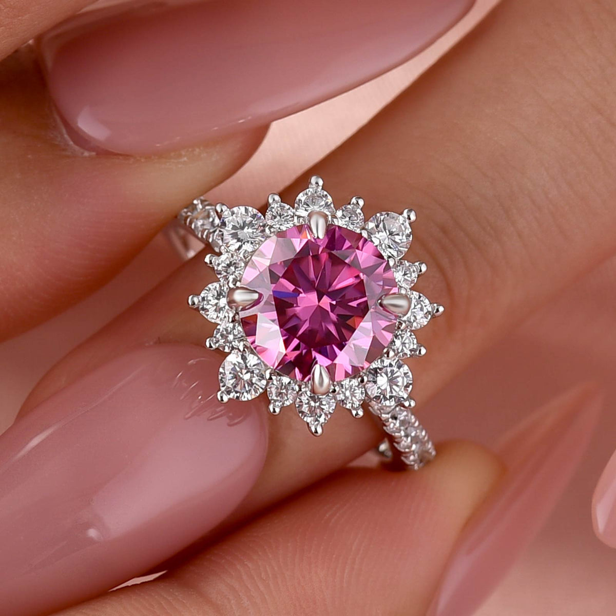 S925 Moissanite 2 Ct Snowflake Design Halo Round Engagement Ring