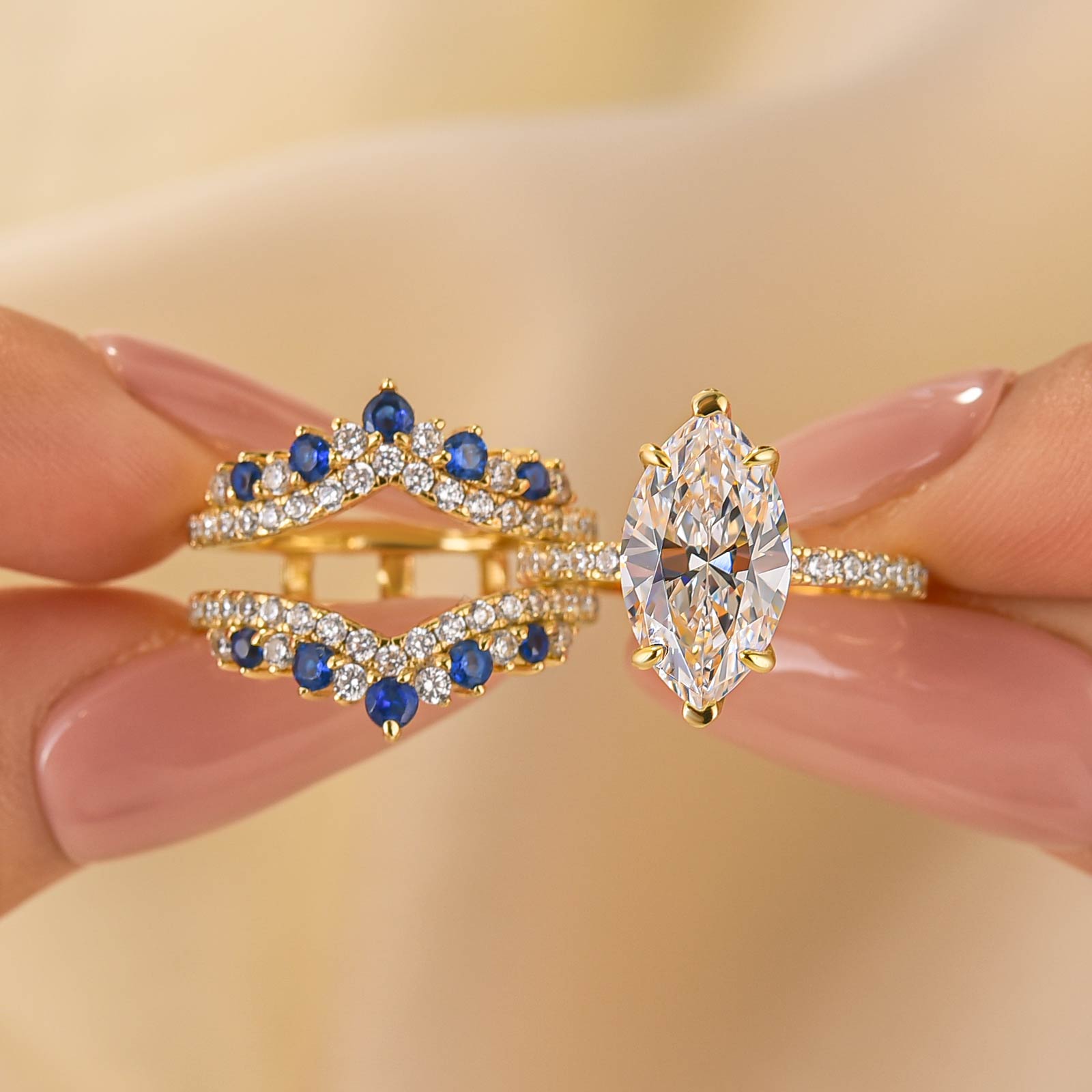 2PC Enhancer Wedding Sets 3.5Ct Marquise Cut Half Enternity Yellow Gold Engagement Ring with Blue & White Stone Enhancer Wedding Band