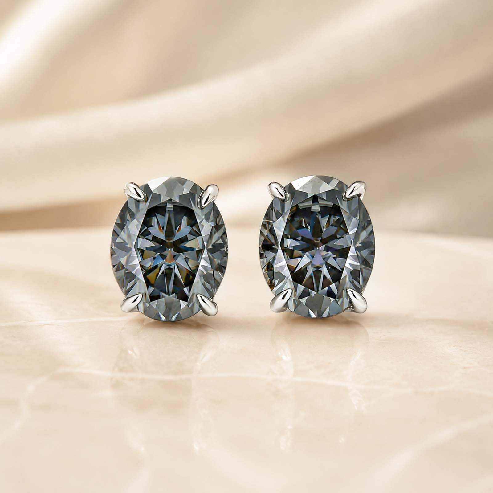 S925 Moissanite 3Ct Oval Cut Stud Earrings Grey Stone Classic Daily Wedding Jewelry Gift For Women