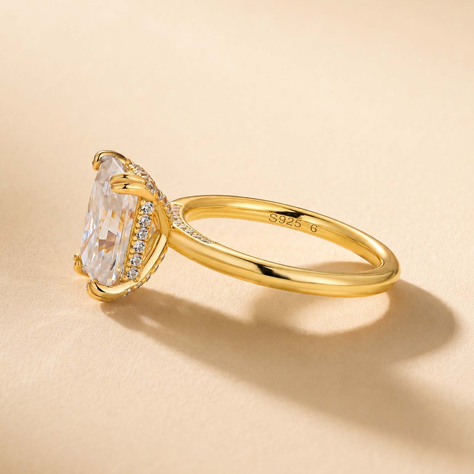 S925 Moissanite 3.5Ct Radiant Cut Hidden Halo Engagement Ring 18K Yellow Gold Plated Promise Wedding Ring For Women