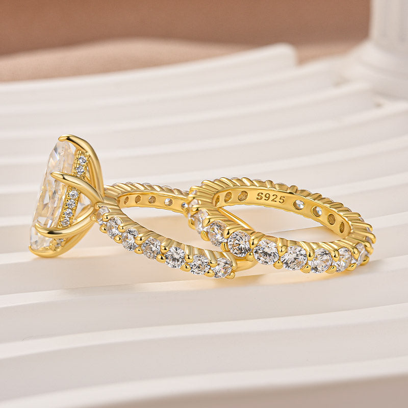 Moissanite 3.0 Ct Marquise Cut Side Stone Yellow Gold Engagement Ring/Wedding Set In Sterling Silver