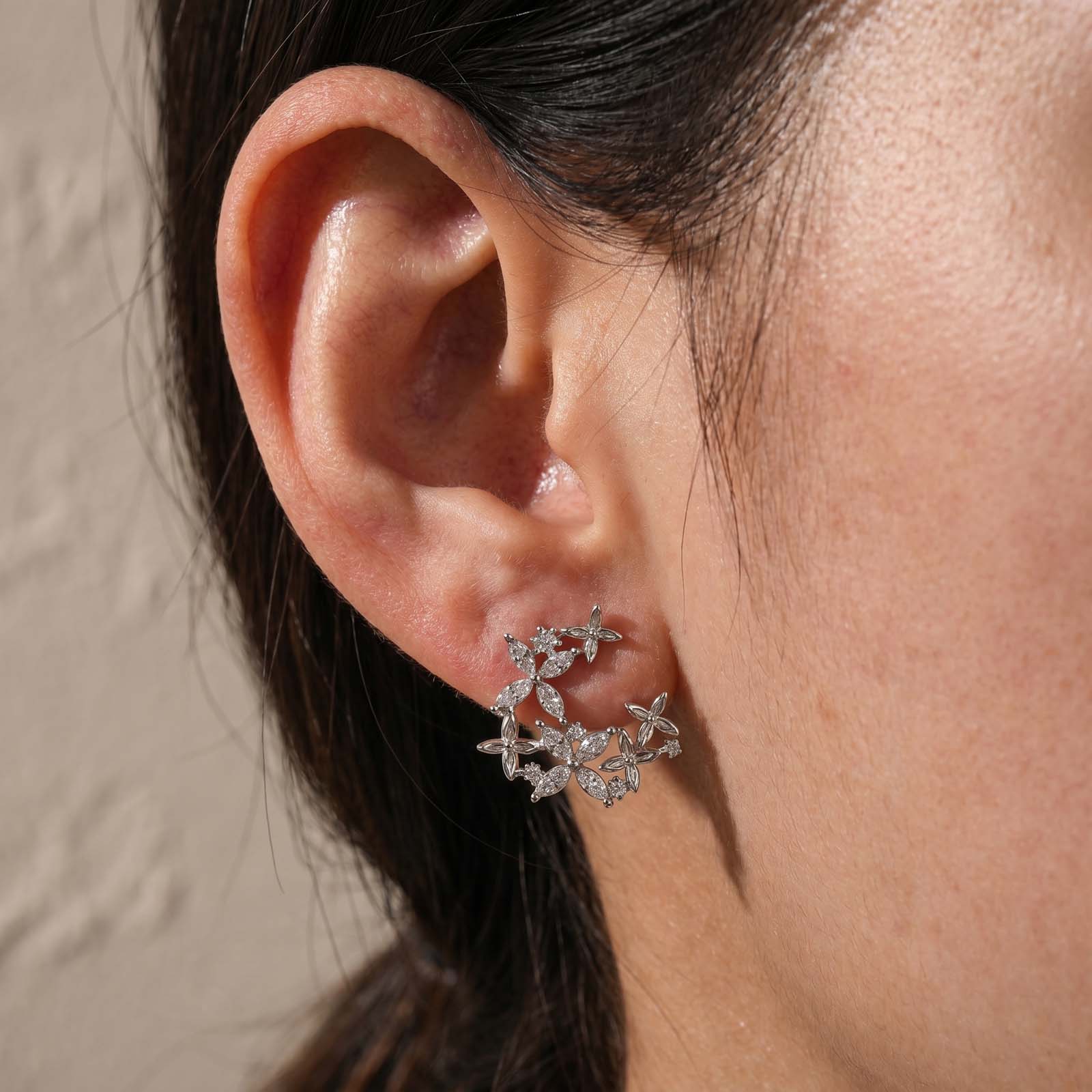 S925 Moissanite Round Cut  Four Petal Flower Wrap Around Ear Studs For Women Wedding Gift
