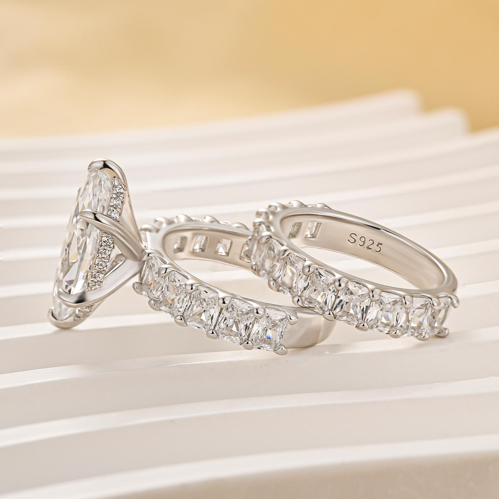 S925 2PC 4.0Ct Marquise Cut Engagement Ring with Radiant Cut Wedding Band - louilyjewelry