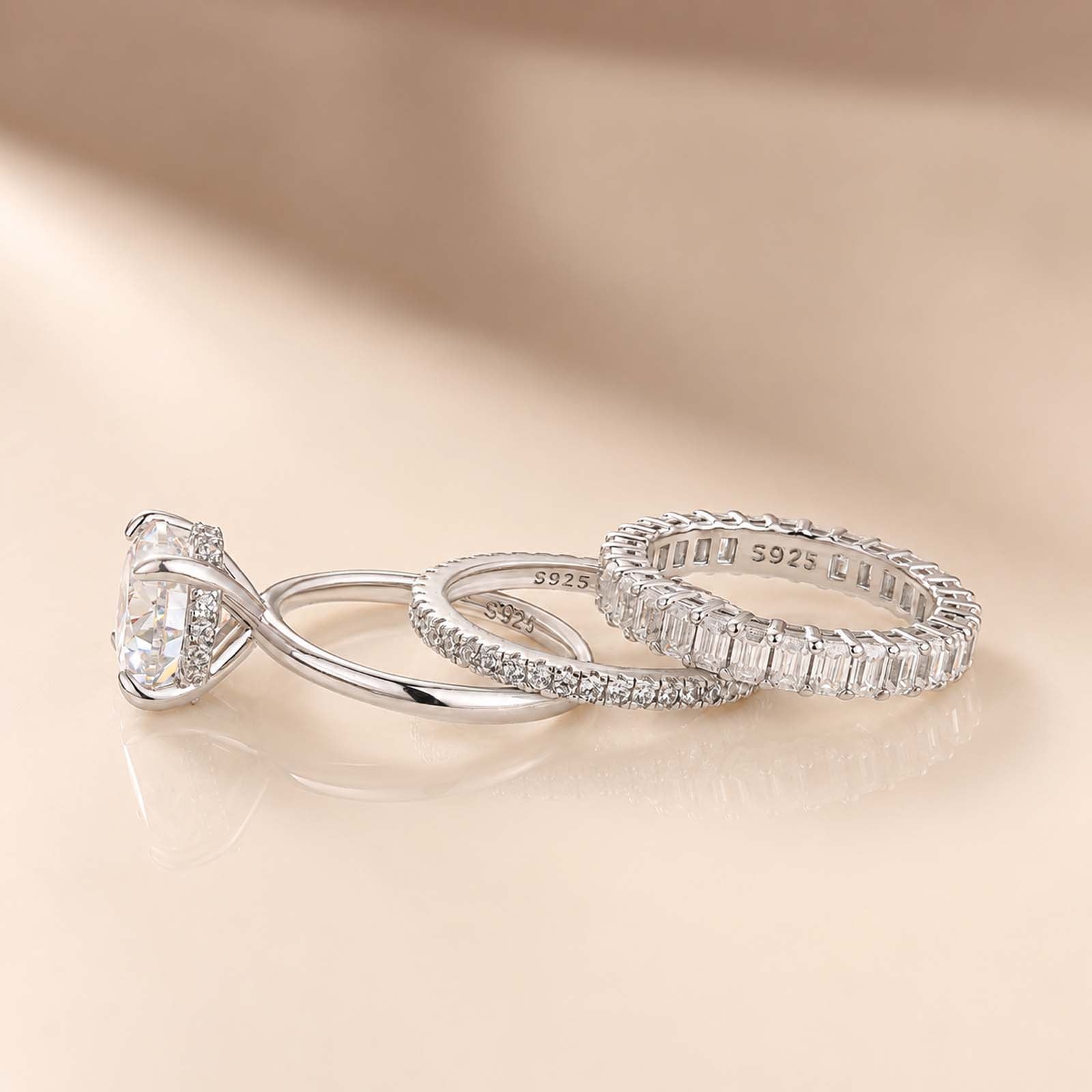 S925 Moissanite 4CT Round Solitaire 3PC Brival Ring Set With Mixed-Cut Bands