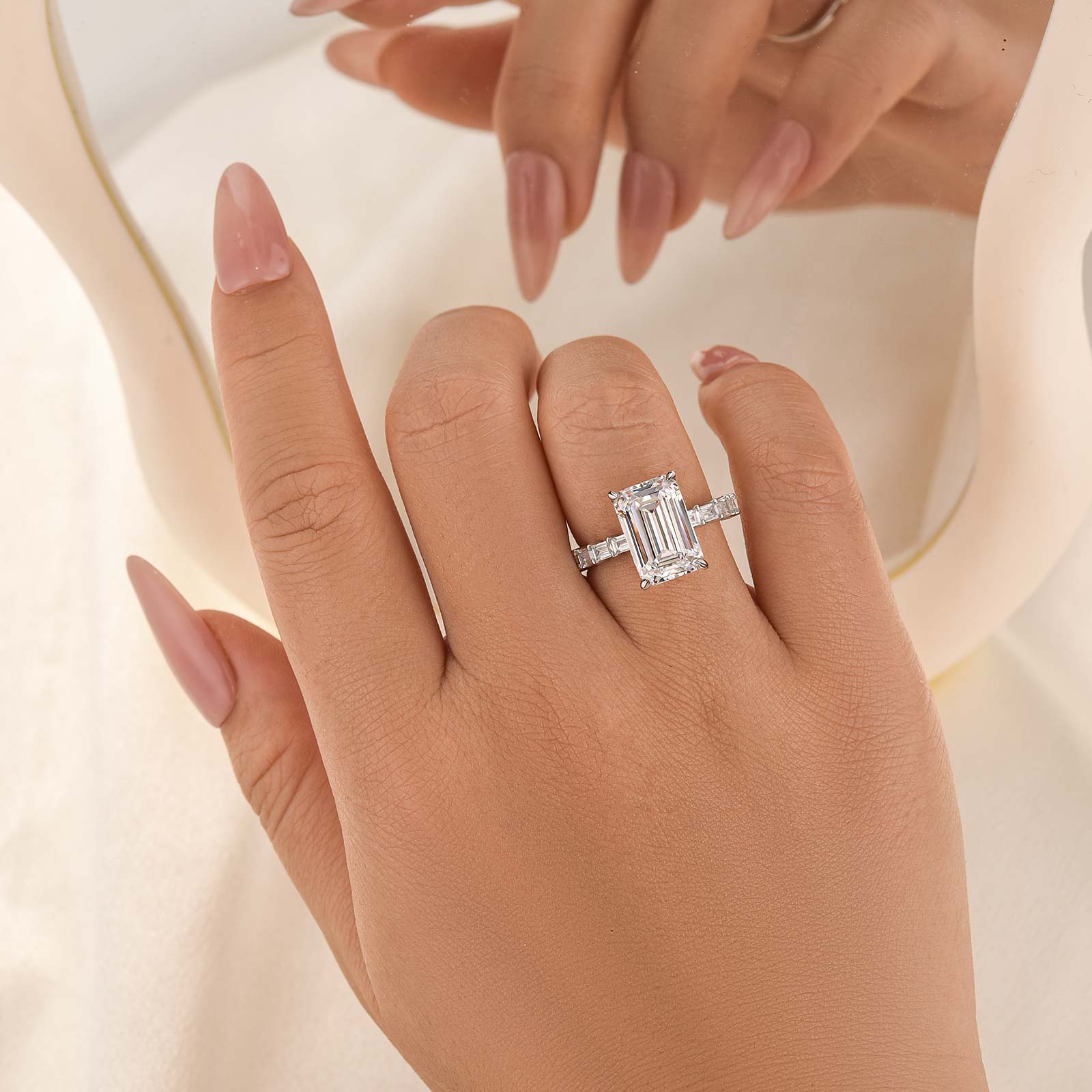 5.5Ct Emerald Cut Hidden Halo Engagement Ring Travel Ring In Sterling Silver