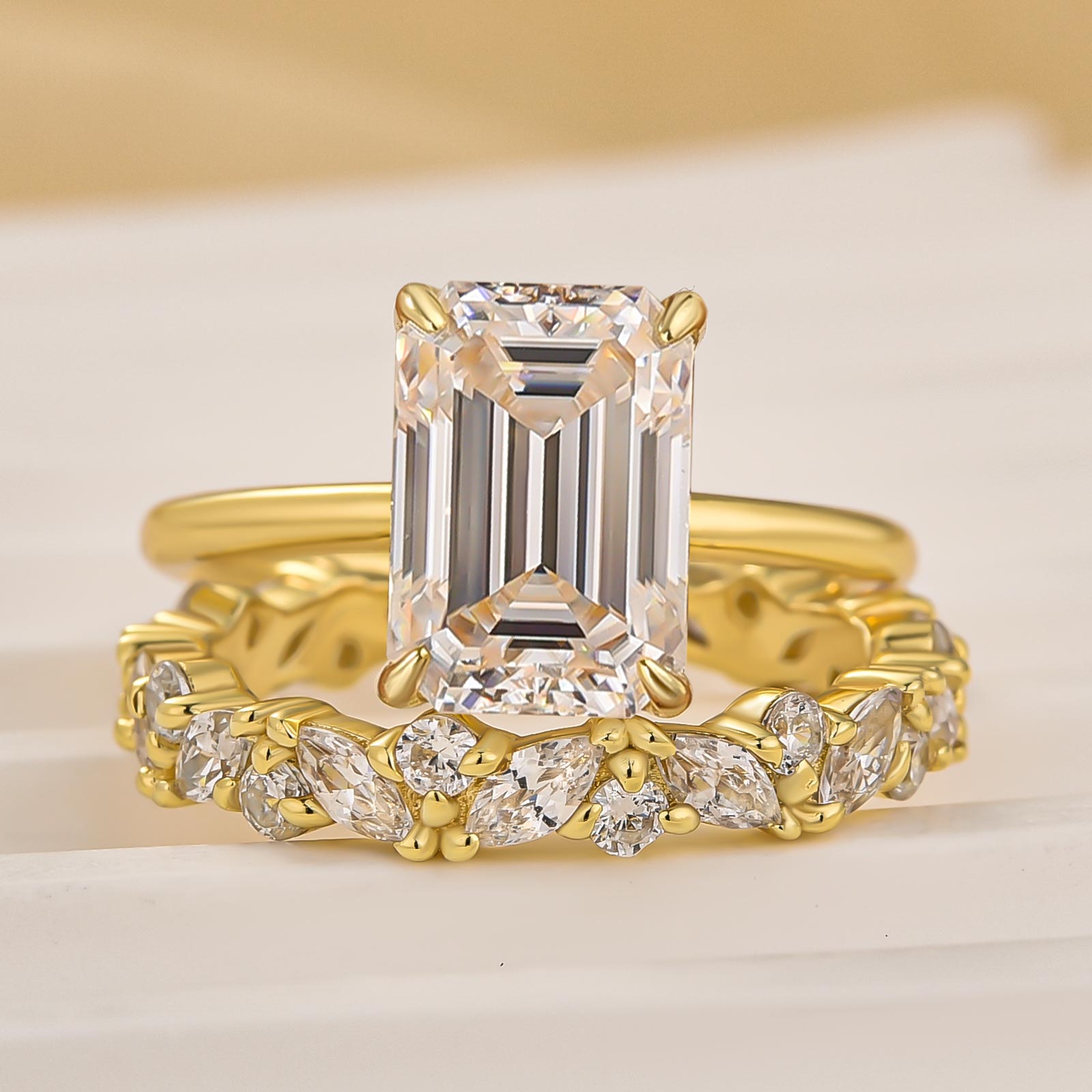 2PC 3.5 Carat Emerald Cut Solitaire Wedding Ring Set With Marquise Cut & Round Cut Wedding Band