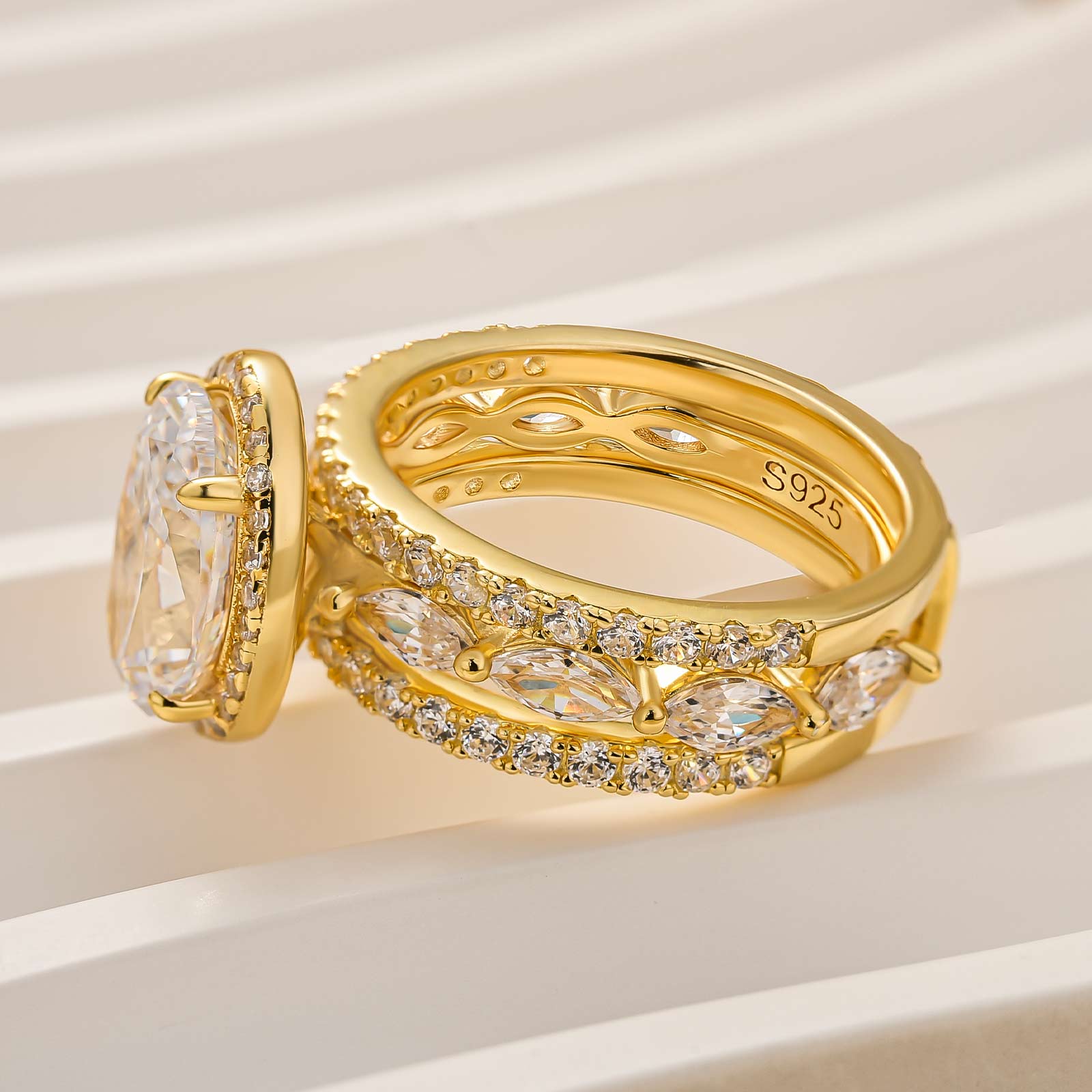 2PC 3.0Ct Halo Oval Cut Yellow Gold Wedding Ring Set With Enhancer Engagement Ring