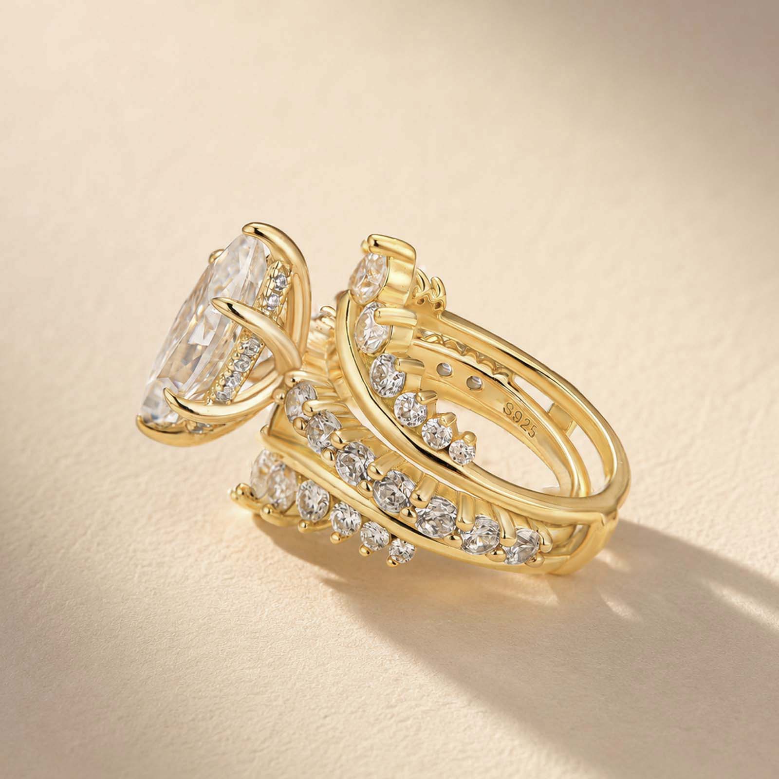 S925 Moissanite 3.0Ct Marquise Cut Enhancer Ring With 1.7Ct Band Gold Plated Ring Set