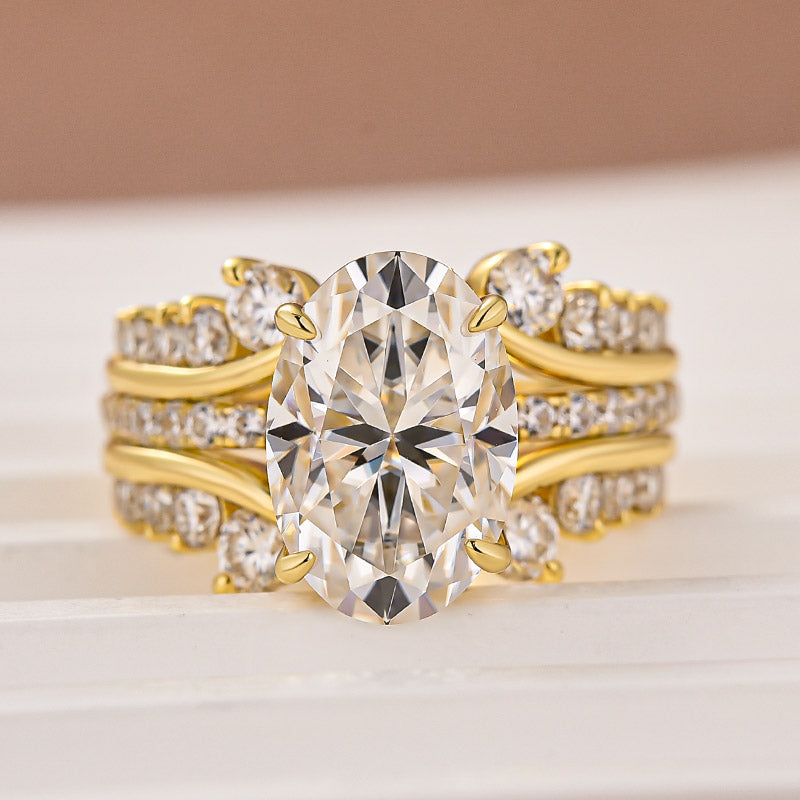 Moissanite 4.0Ct Oval Cut Yellow Gold Wedding Ring with Enhancer Ring