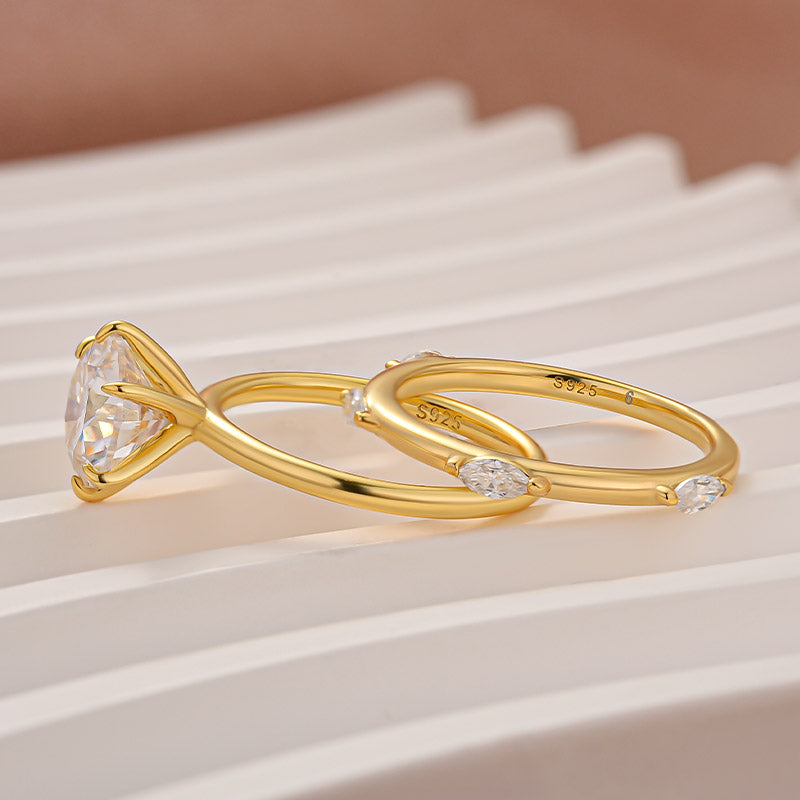 Moissanite 2.0Ct Solitaire Round Cut Engagement Ring with Marquise Cut Wedding Band