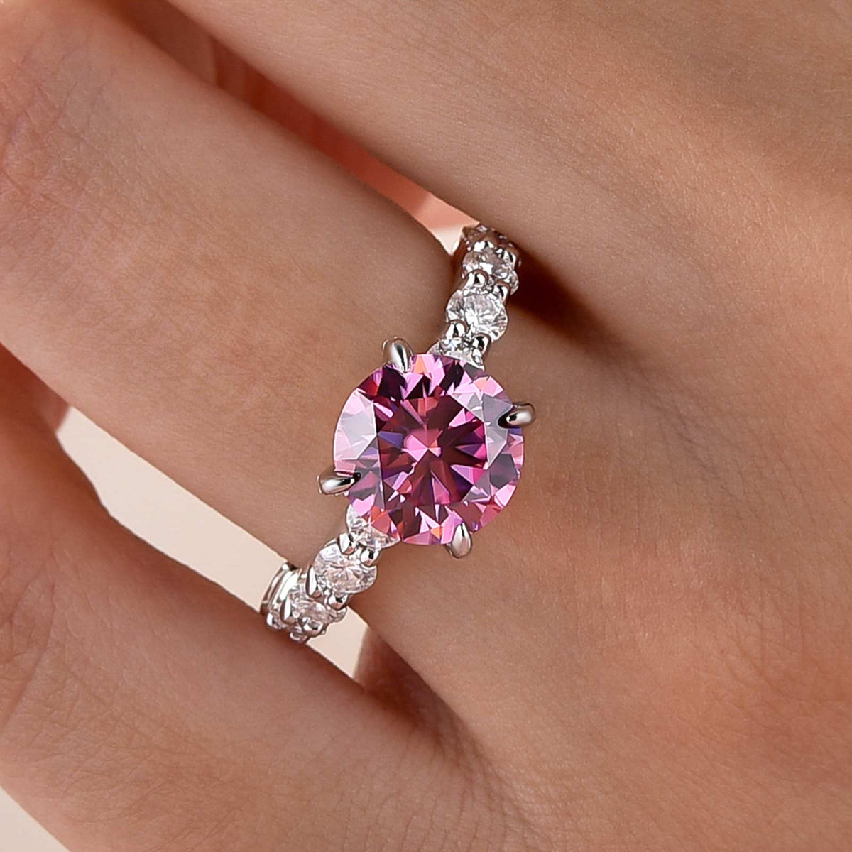 Moissanite 2.0Ct-4.0Ct Hidden Halo Pink Round Cut Side Stone Engagement Ring
