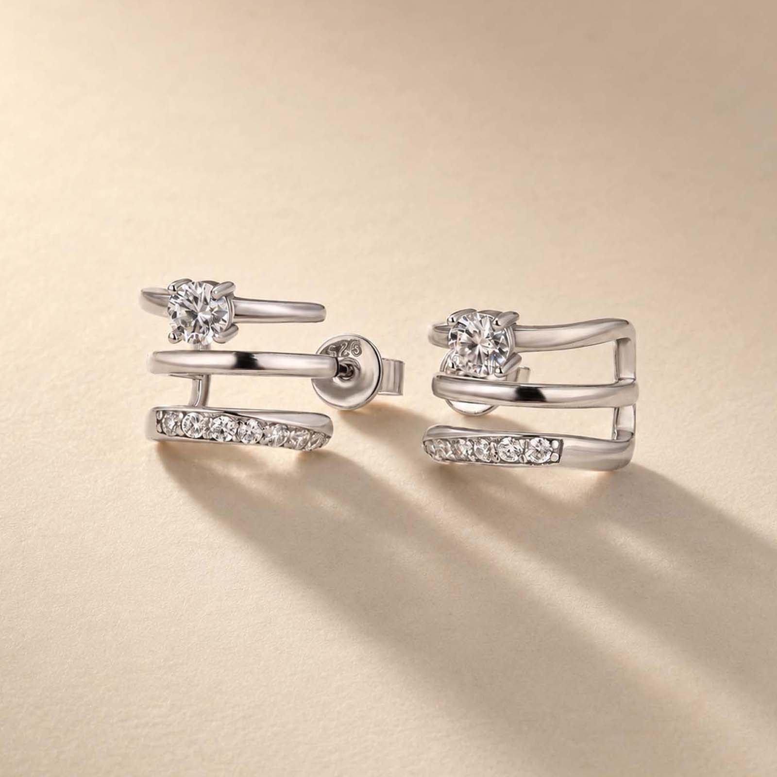 S925 Moissanite 0.1Ct*2PC Round Cut Triple-Band Hoop Earrings Minimalist Everyday Wearable Earrings