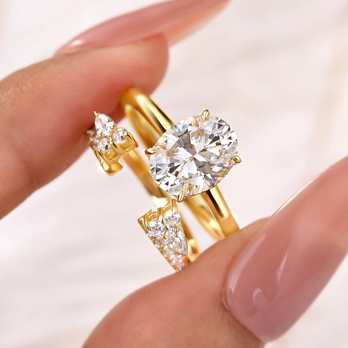 S925 2.0Ct Oval Cut Hidden Halo 2PC Stackable Enhancer Ring Sets in Sterling Silver