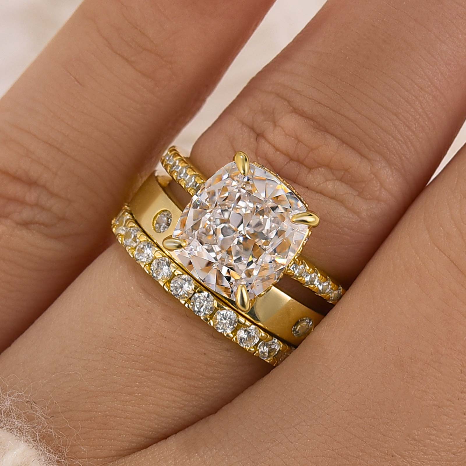 3PC 3.0Ct Cushion Cut Wedding Ring Set With Two Classic Wedding Bands