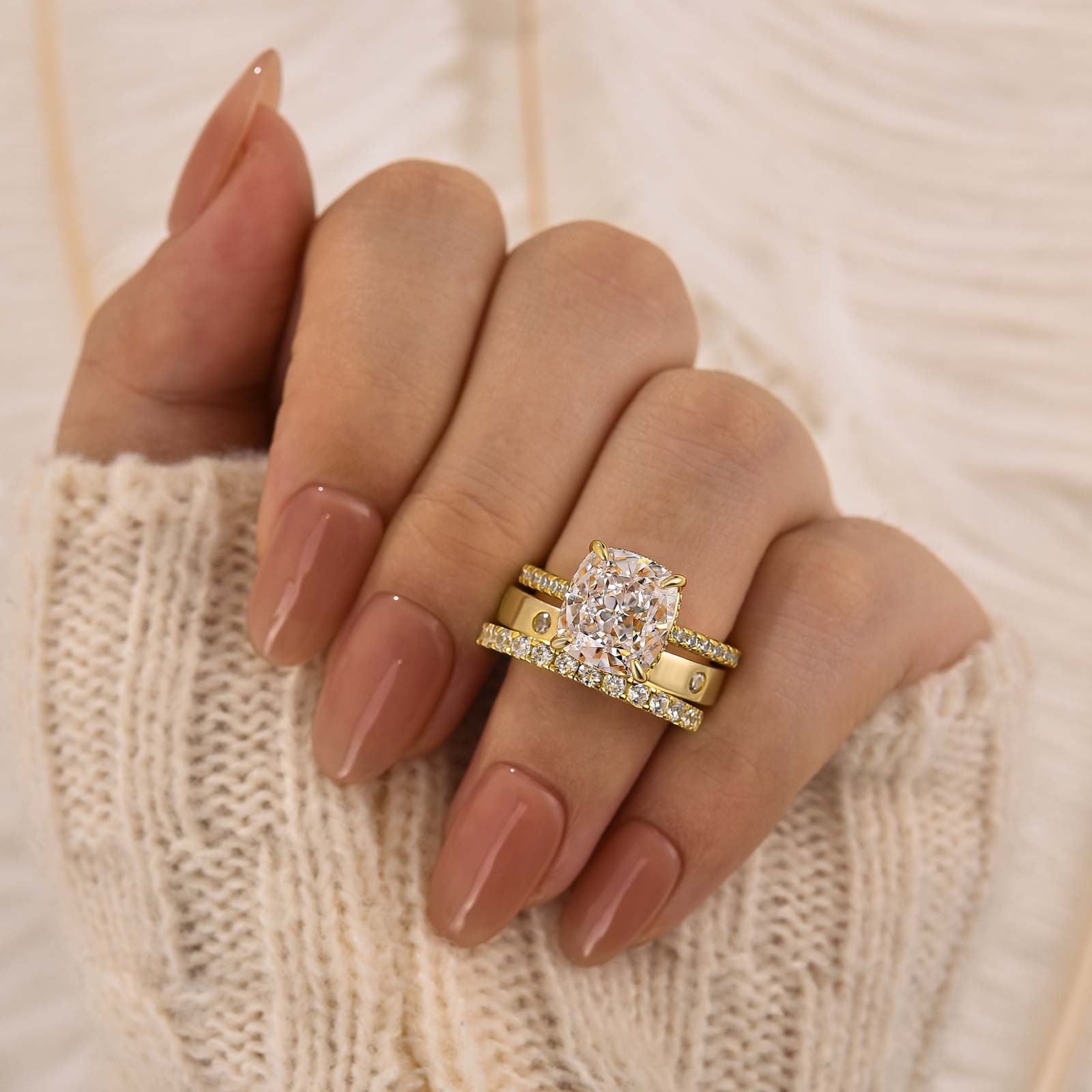 3PC 3.0Ct Cushion Cut Wedding Ring Set With Two Classic Wedding Bands