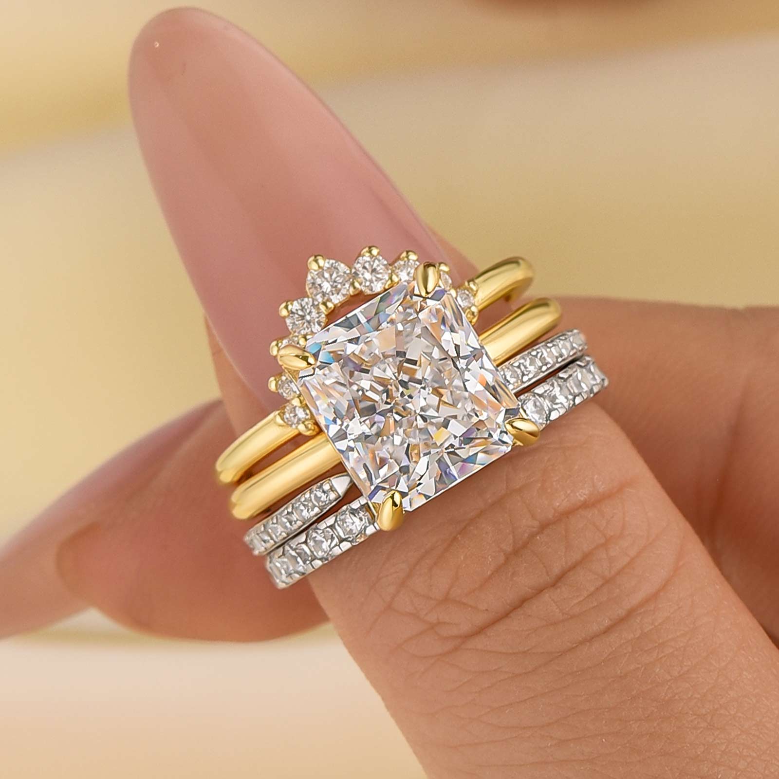 4PC Two-Tone Wedding Set 4.0Ct Radiant Cut Solitaire Yellow Gold Engagement With 3PC Design Wedding Bands