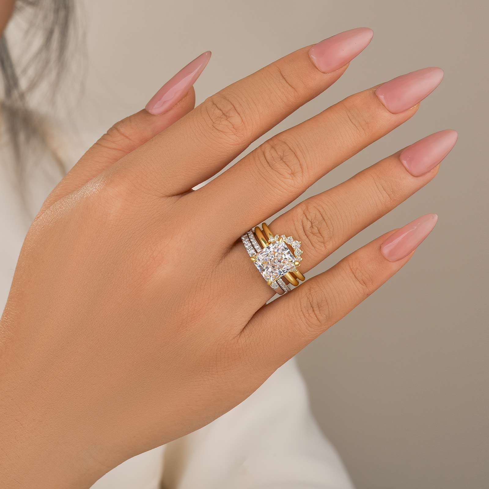 4PC Two-Tone Wedding Set 4.0Ct Radiant Cut Solitaire Yellow Gold Engagement With 3PC Design Wedding Bands