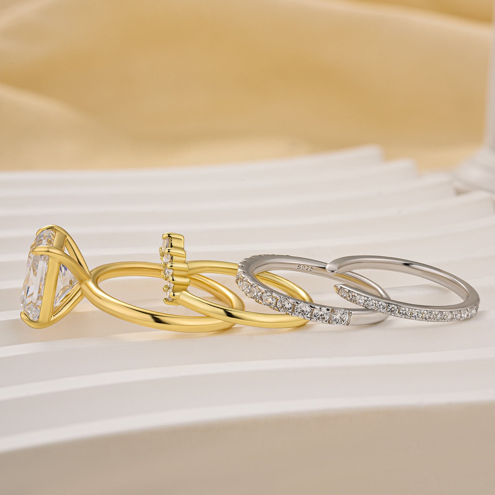 4PC Two-Tone Wedding Set 4.0Ct Radiant Cut Solitaire Yellow Gold Engagement With 3PC Design Wedding Bands