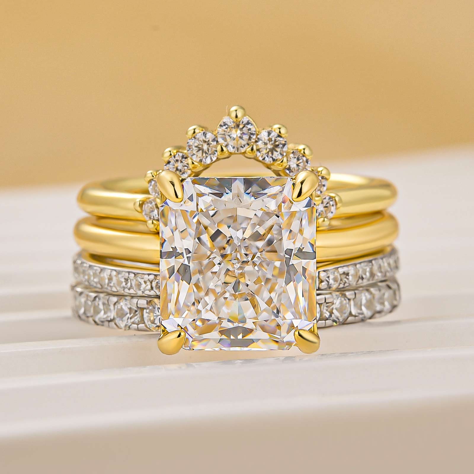 4PC Two-Tone Wedding Set 4.0Ct Radiant Cut Solitaire Yellow Gold Engagement With 3PC Design Wedding Bands