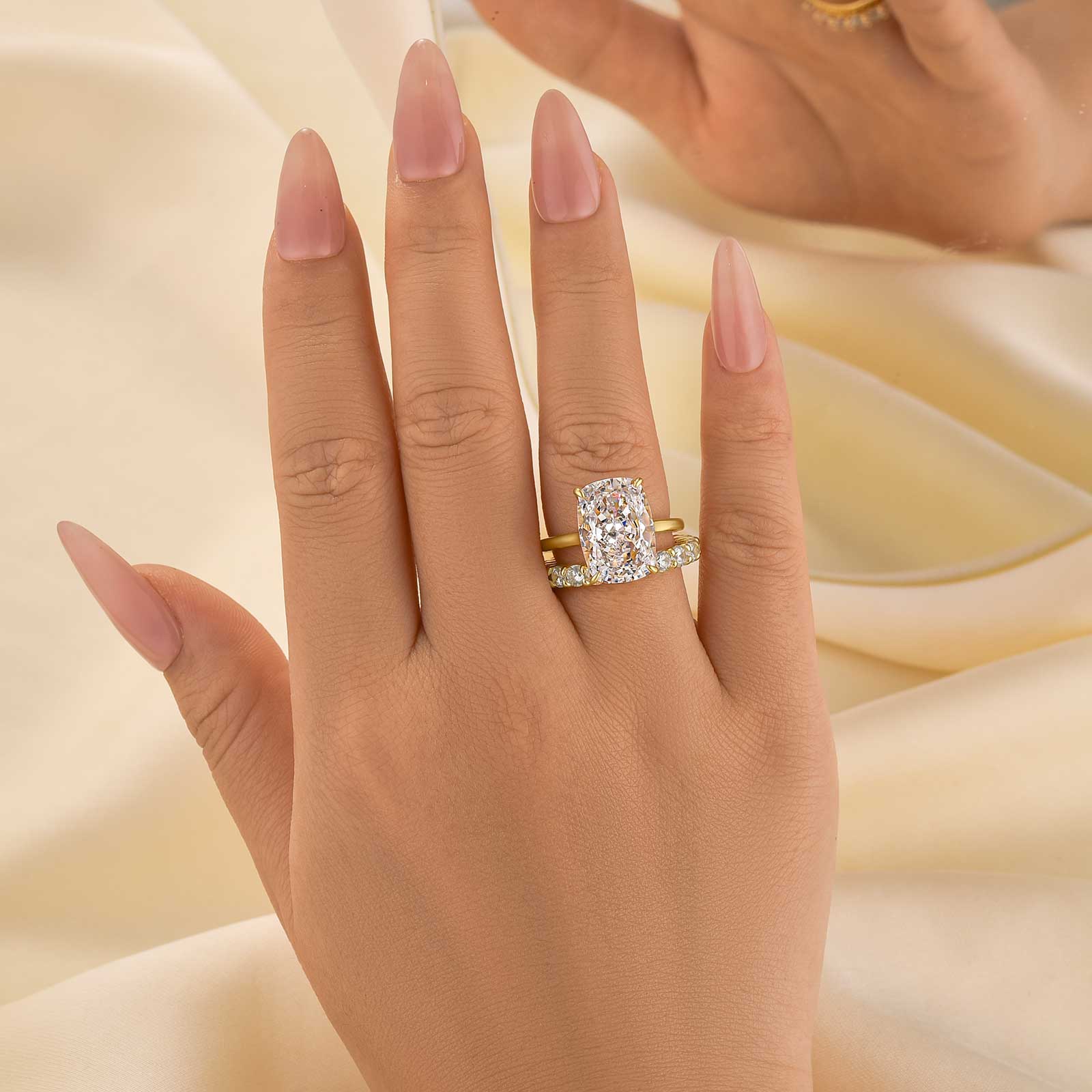 2PC Yellow Gold Wedding Set 8.5Ct Cushion Cut Hidden Halo Engagement Ring With Eternity Round Cut Wedding Band