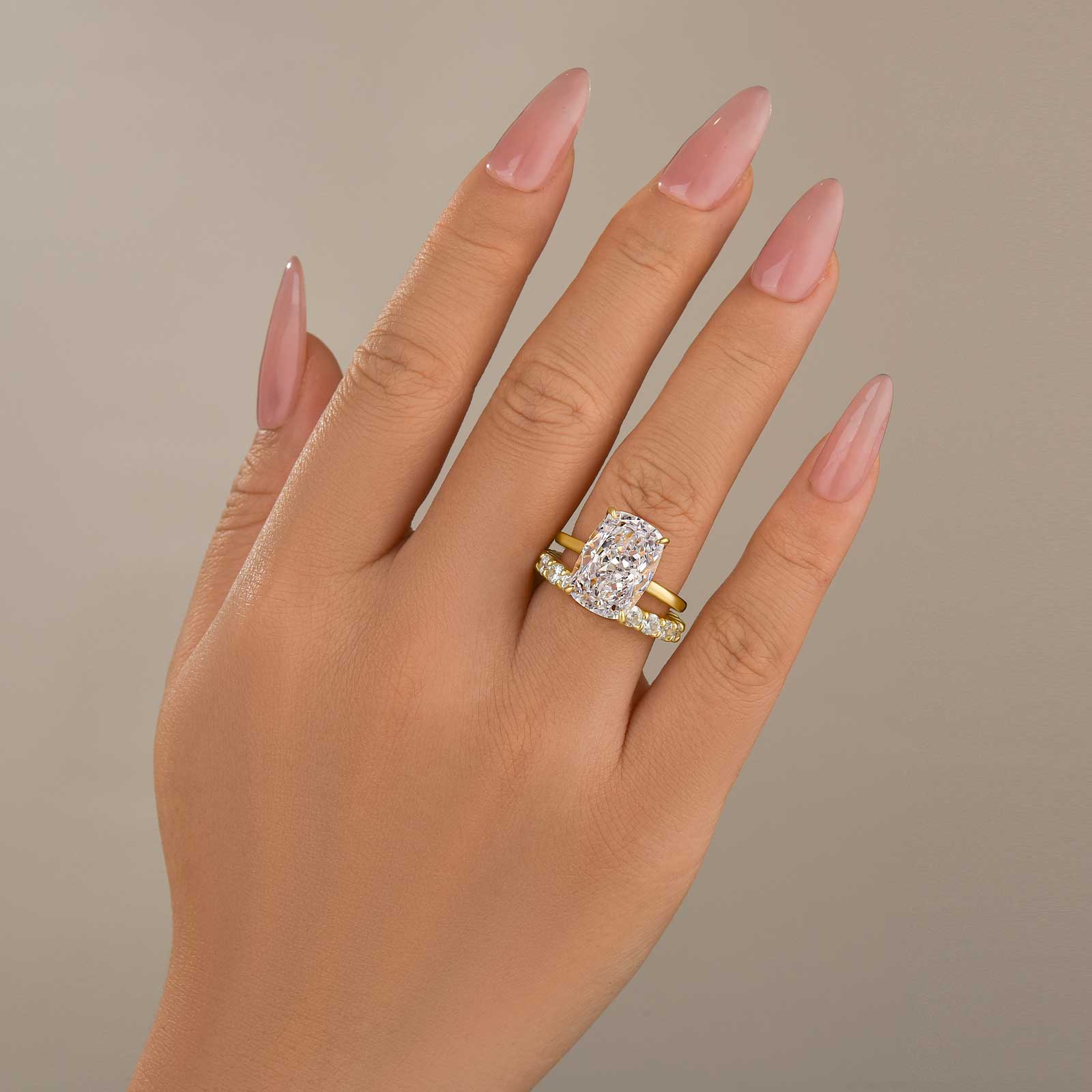 2PC Yellow Gold Wedding Set 8.5Ct Cushion Cut Hidden Halo Engagement Ring With Eternity Round Cut Wedding Band