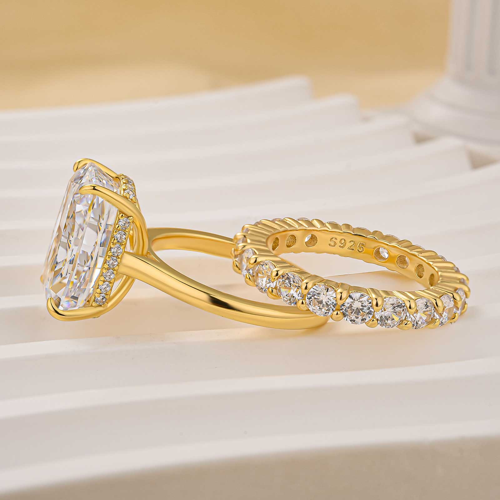 2PC Yellow Gold Wedding Set 8.5Ct Cushion Cut Hidden Halo Engagement Ring With Eternity Round Cut Wedding Band