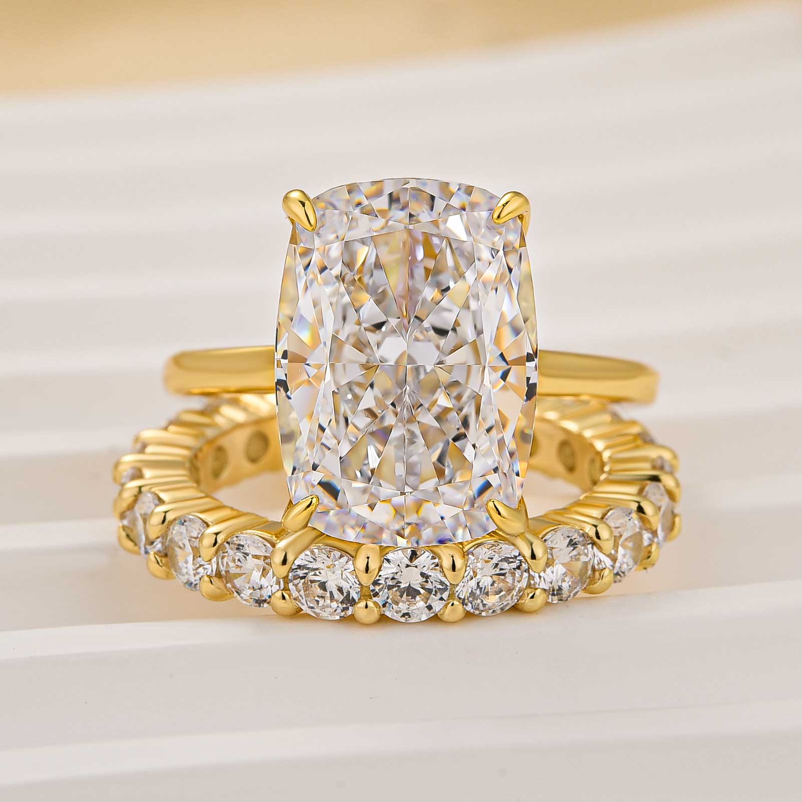 2PC Yellow Gold Wedding Set 8.5Ct Cushion Cut Hidden Halo Engagement Ring With Eternity Round Cut Wedding Band