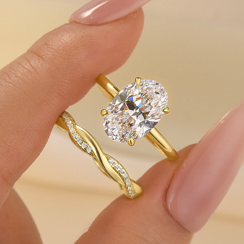 2PC Wedding Ring Set 4.0Ct Solitaire Oval Cut Hidden Halo Engagement Ring With Twist Wedding Band