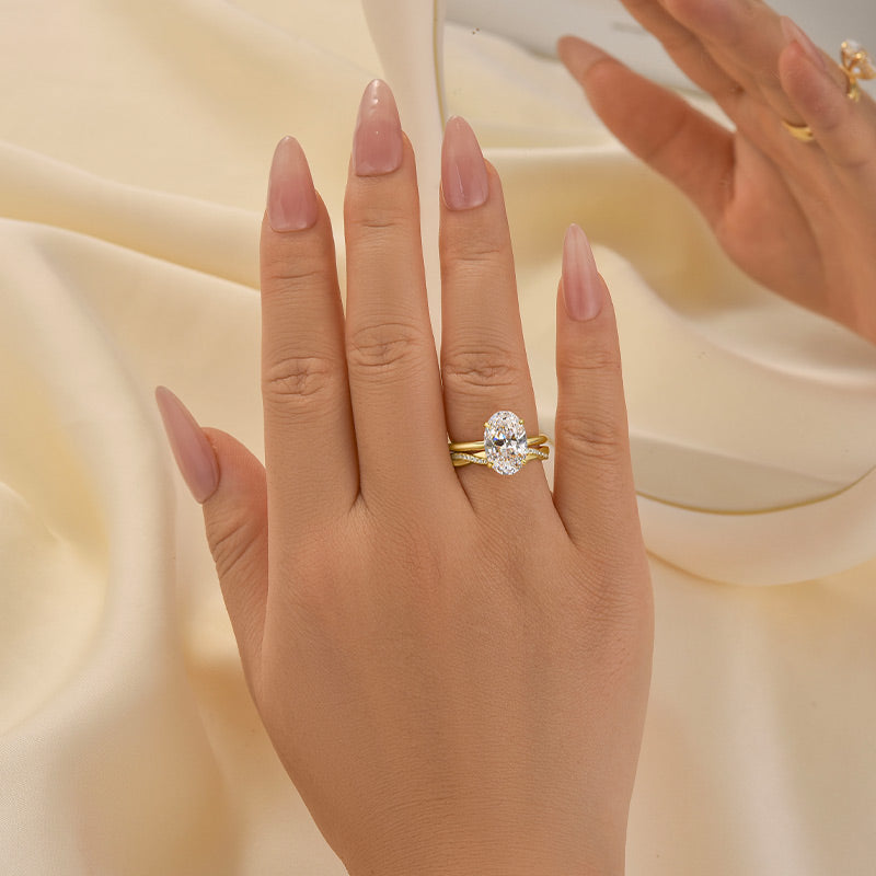 2PC Wedding Ring Set 4.0Ct Solitaire Oval Cut Hidden Halo Engagement Ring With Twist Wedding Band