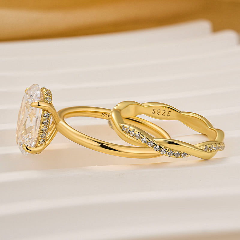 2PC Wedding Ring Set 4.0Ct Solitaire Oval Cut Hidden Halo Engagement Ring With Twist Wedding Band