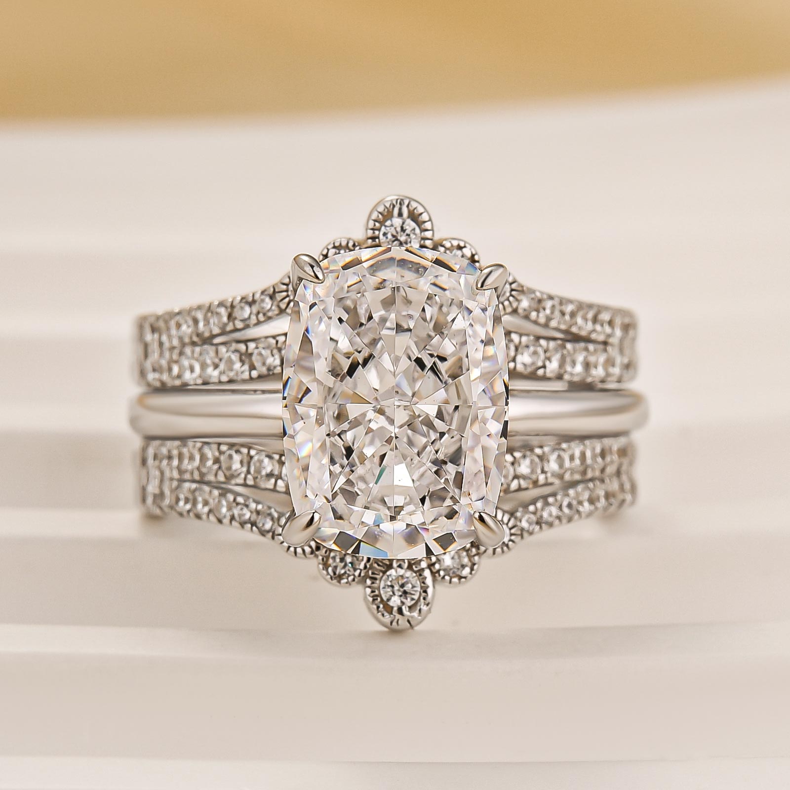 4.5Ct Cushion Cut Insert Wedding Ring Set With Vintage Engagement Ring Enhancer