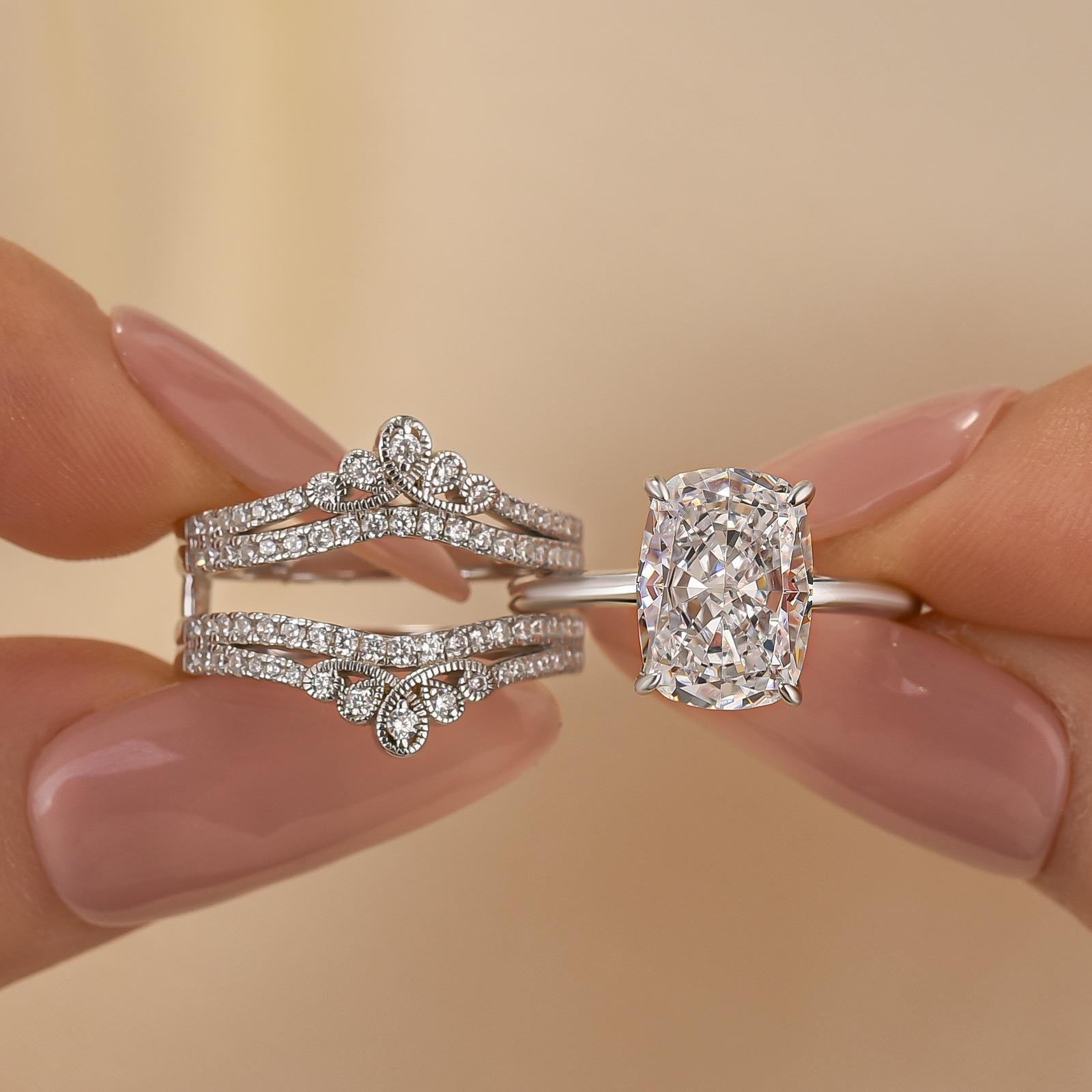 4.5Ct Cushion Cut Insert Wedding Ring Set With Vintage Engagement Ring Enhancer