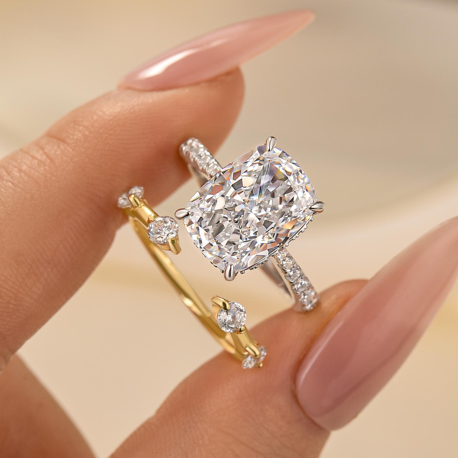 2PC 5.5 Carat Wedding Ring Set Cushion Cut Engagement Ring With Open Wedding Band