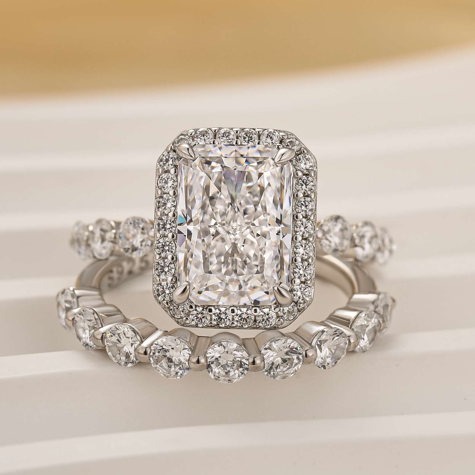 2PC Wedding Ring Set Elegant 3.5Ct Radiant Cut Simulated Diamond Promise Ring With Round Cut Wedding Band