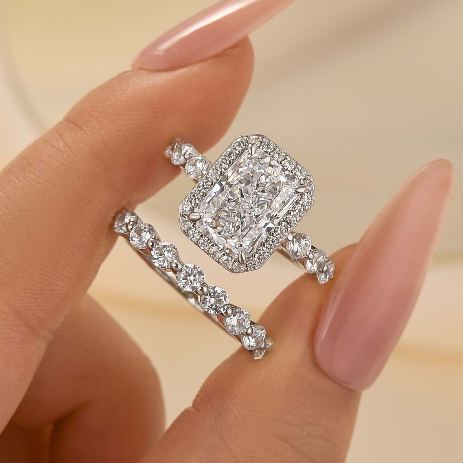 2PC Wedding Ring Set Elegant 3.5Ct Radiant Cut Simulated Diamond Promise Ring With Round Cut Wedding Band
